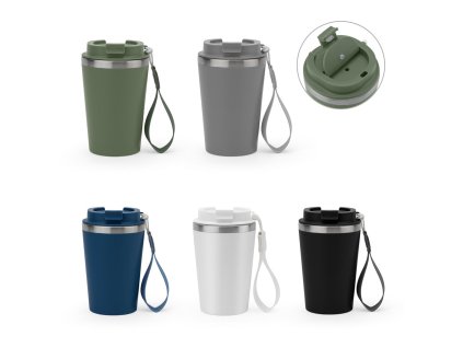 SPITZ. Cestovní hrnek z nerezové oceli (90 % recyklované) a vnější stěnou z PP, s matným povrchem 440 ml (Barva černá)