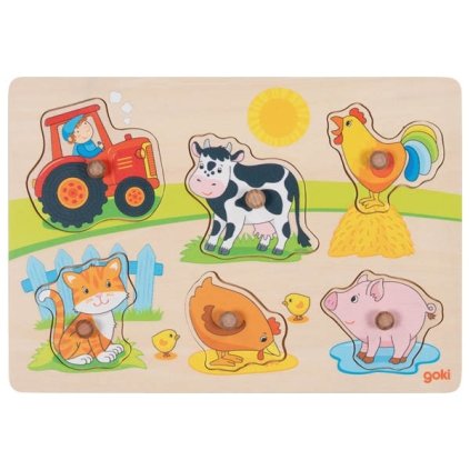 GOKI Dřevěné vkládací puzzle Na Farmě