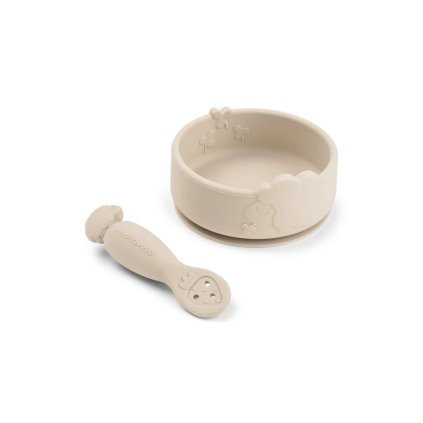 DONE BY DEER Silikonová Stick & Stay miska a lžička Sheepy písková