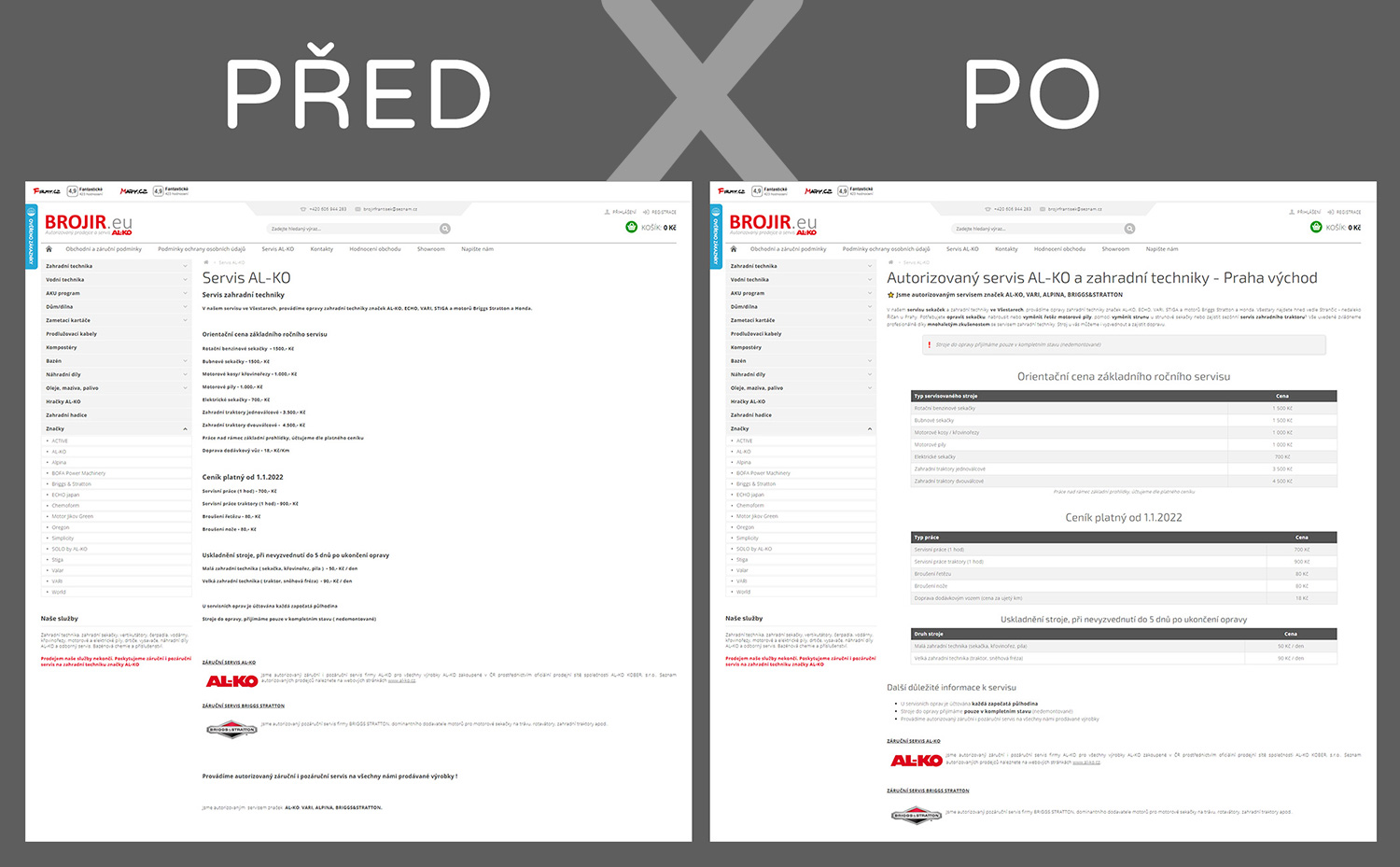 Před / Po - úprava ceníku a textů na webu Brojir.eu