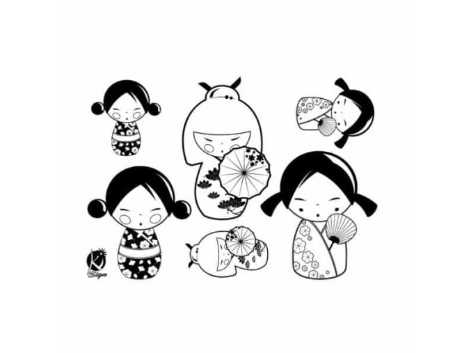 Samolepka na textil, zažehlovací, motiv KOKESHI, černá