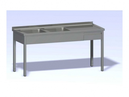 Nerezový stůl dvoudřez se zásuvkou hloubka 600 (400x400x250)