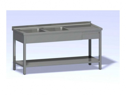Nerezový stůl dvoudřez se zásuvkou a policí hloubka 700 (400x400x250)
