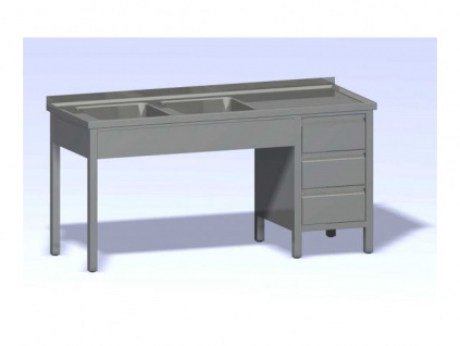 Nerezový stůl dvoudřez se zásuvkovým blokem hloubka 600 (400x400x250)