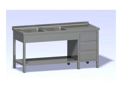 Nerezový stůl dvoudřez, zásuvkový blok, police hloubka 600 (450x450x300)