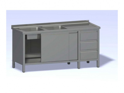 Nerezový stůl dvoudřez opláštěný, zásuvkový blok hloubka 600 (450x450x300)