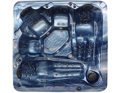 Jakuzzi New Maximus Oceanwave prémium kültéri masszázsmedence felülnézet, teljes test hidromasszázs fúvókákkal, kényelmes fekvő- és ülőhelyekkel, kék akril burkolat luxus wellness célokra, családi és baráti használatra