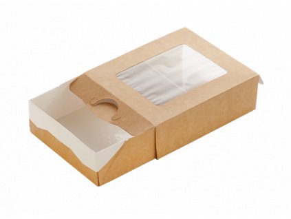 Papírový box / krabička EKO na jídlo 100x80x30 mm hnědý s okénkem bal/50 ks