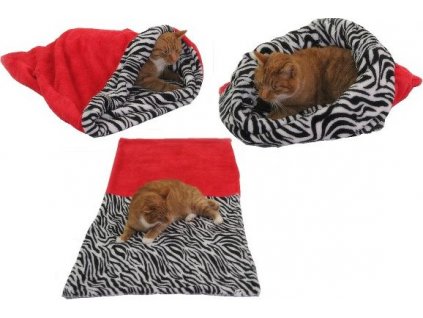 Marysa pelíšek 3v1 pro kočky, červený/zebra, velikost XL