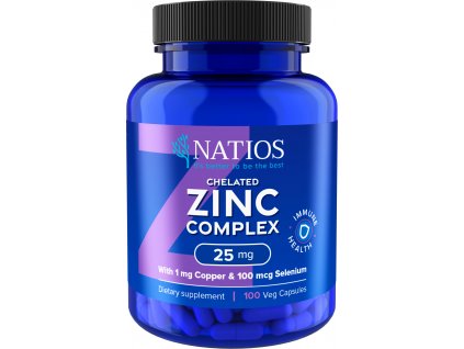 Natios Zinc Chelated Complex, Zinek, selen a měď, 25 mg, 100 veganských kapslí