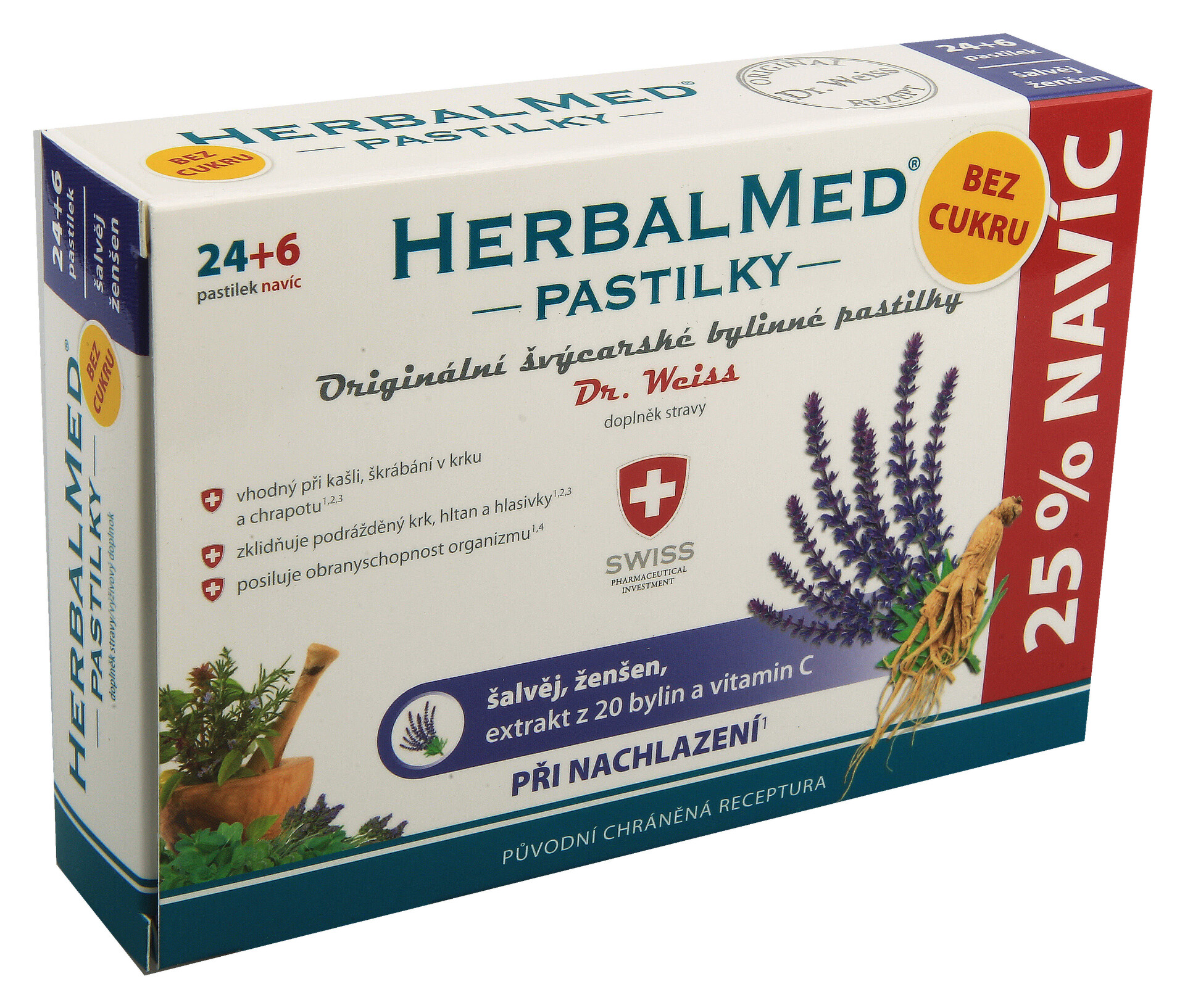 Dr. Weiss HerbalMed Šalvěj + ženšen + vitamin C BEZ CUKRU, 24+6 pastilek