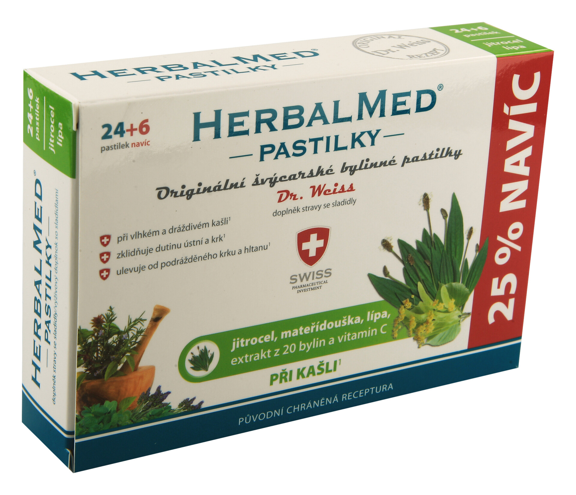 Dr. Weiss HerbalMed Jitrocel+mateřídouška+lípa+ vitamin C, 24+6 pastilek