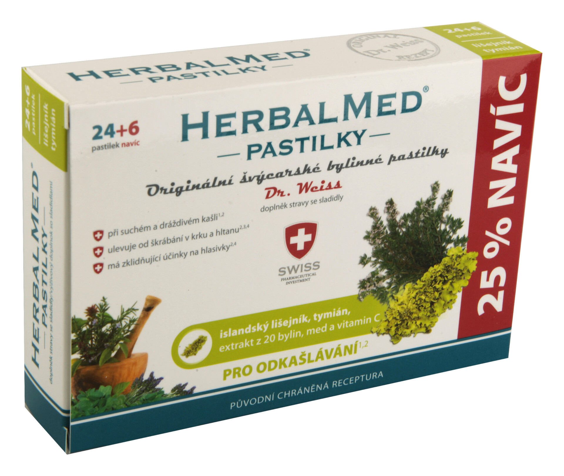 Dr. Weiss HerbalMed Lišejník+tymián+med+ vitamin C, 24+6 pastilek