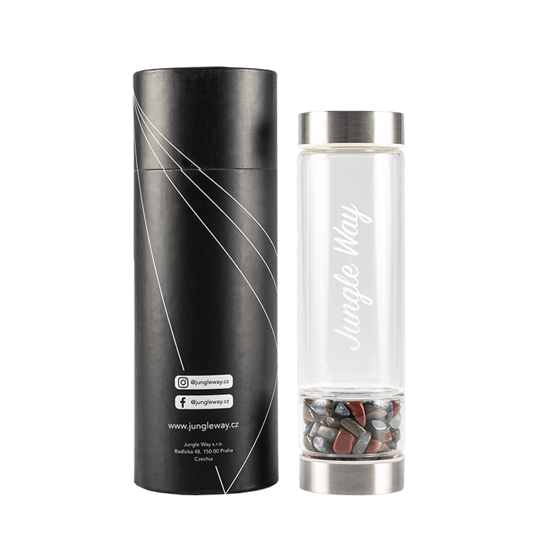 Jungle Way Designová skleněná láhev s polodrahokamy, 480 ml