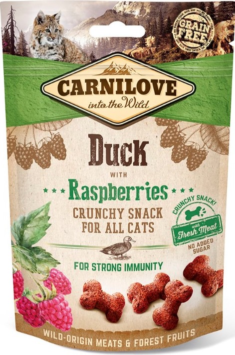 Carnilove Cat křupavé pamlsky bez obilovin pro kočky s kachnou a malinami, 50 g