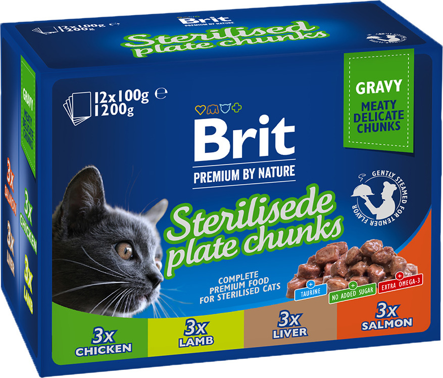 Brit Premium Cat Kapsičky pro kastrované kočky MULTIPACK, 12x100 g
