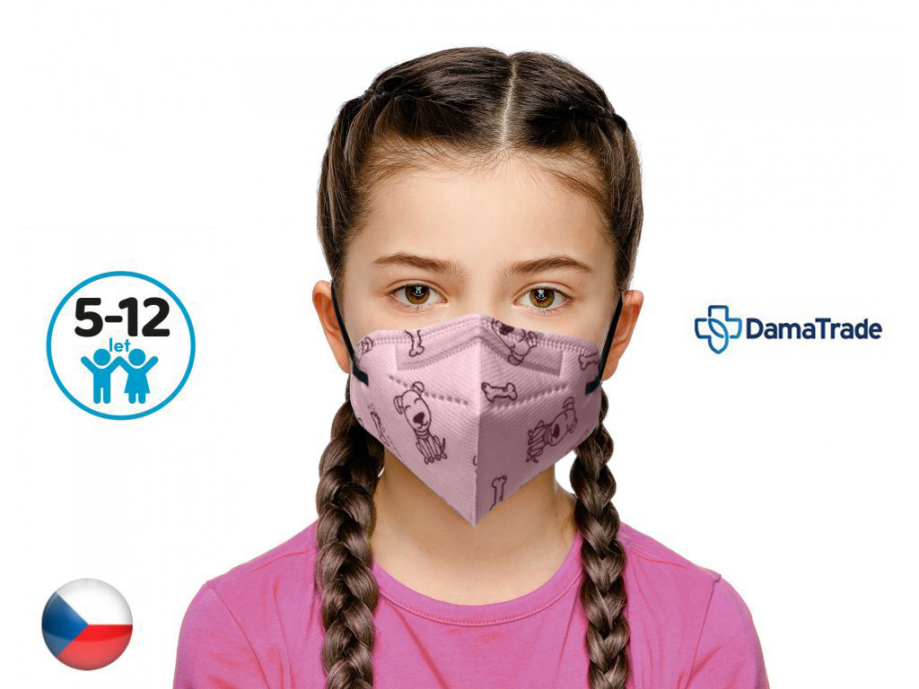DAMA TRADE s.r.o. 10x Český respirátor FFP2 vhodný pro děti - Pejsek a kostička růžová