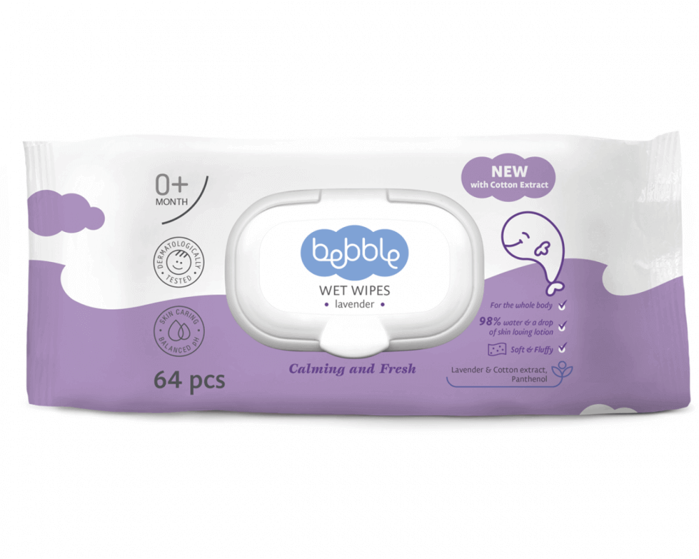 Dětské vlhčené ubrousky s levandulí Bebble 64 ks