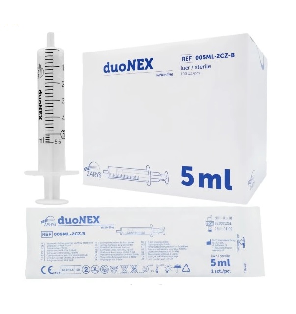 ZARYS International Group Injekční stříkačka duoNEX, 2 dílná, Luer, sterilní, 2ml,3ml,10ml, 100ks Objem: 5 ml