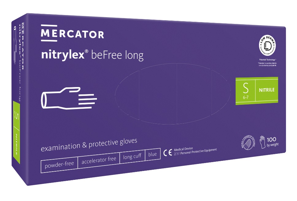Mercator Medical Nitrilové rukavice Mercator NITRYLEX beFree LONG, nepudr., modré,100ks Velikost: S