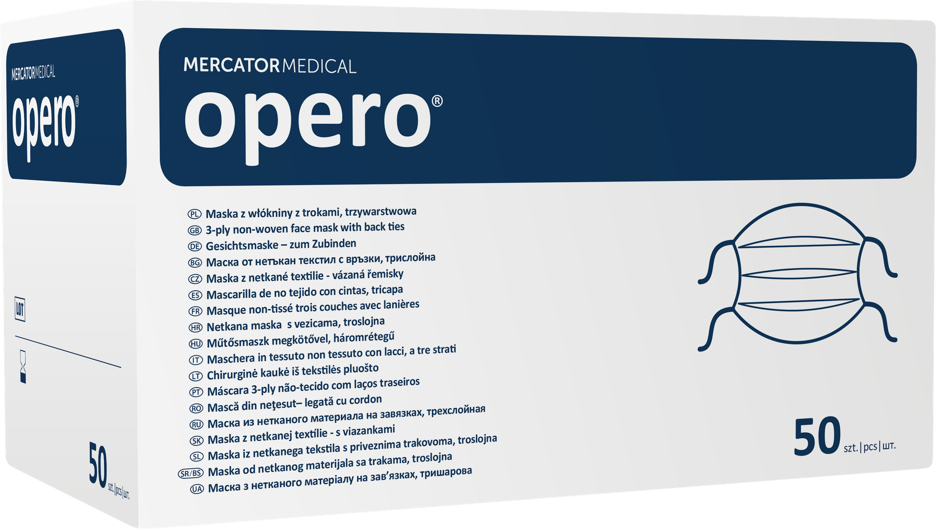Mercator Medical OPERO Chirurgická ústenka z netkané textilie se šňůrkami, třívrstvá (modrá, bílá,zelená) 50ks Barva: Modrá