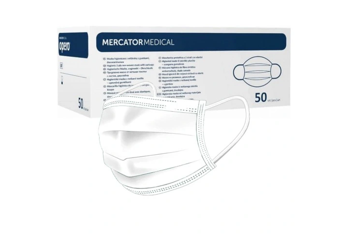 Mercator Medical OPERO Chirurgická ústenka z netkané textilie s gumičkami, třívrstvá (modrá,bílá,zelená) 50ks Barva: Bílá