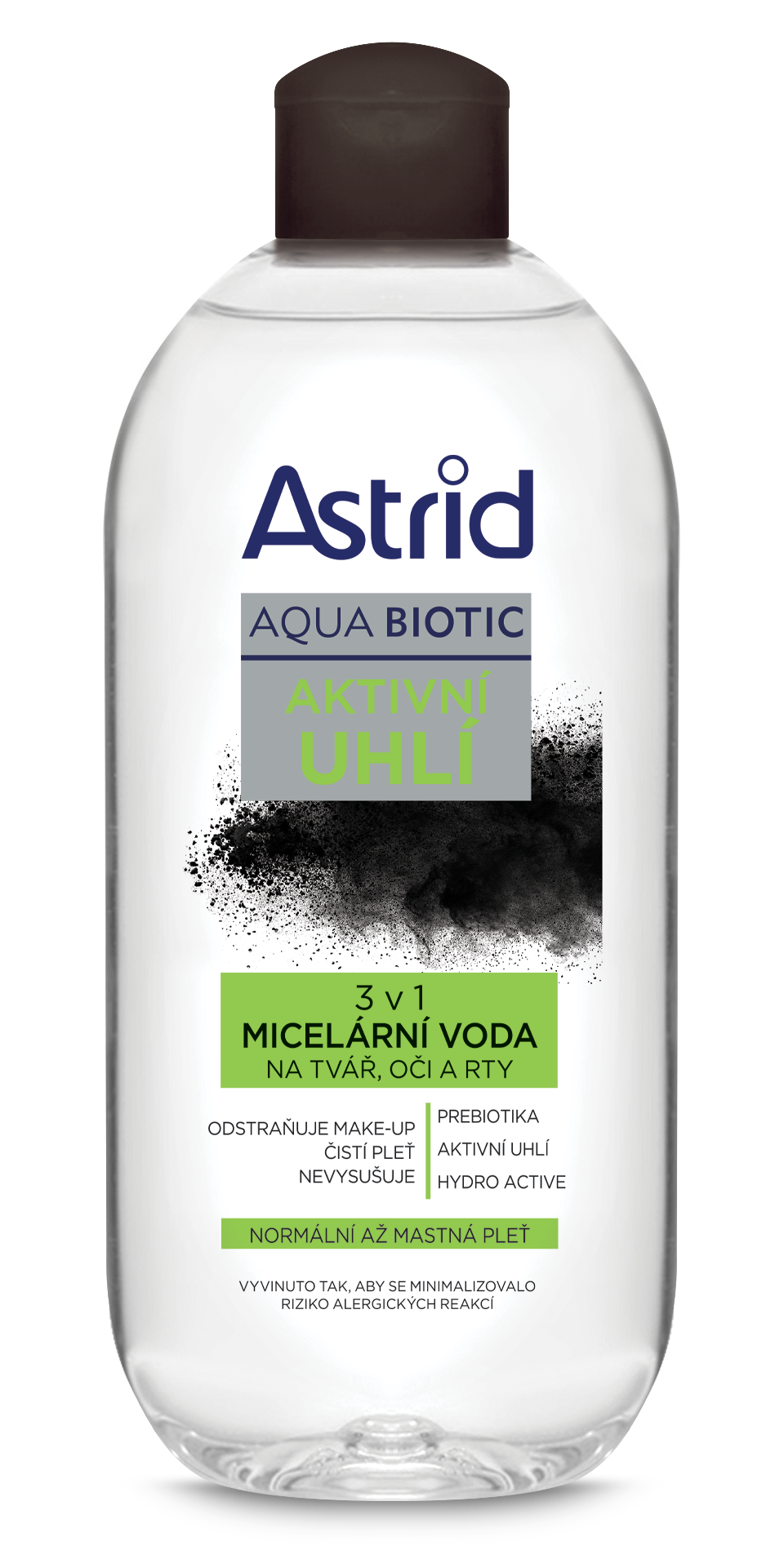 ASTRID AQUA BIOTIC aktivní uhlí micelární voda 3v1, normální až mastná pleť, 400 ml