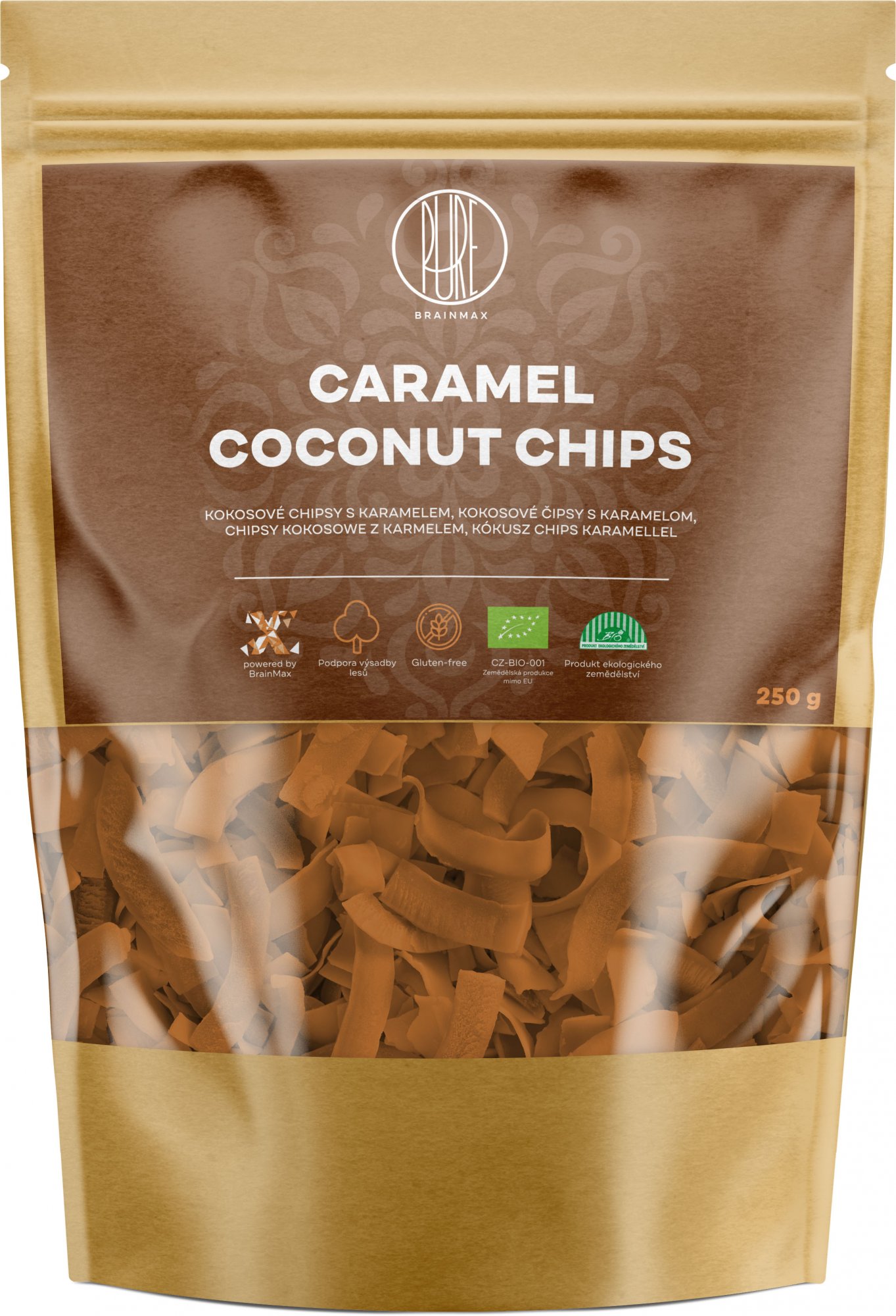 BrainMax Pure Kokosové chipsy v karamelu, BIO, 250 g