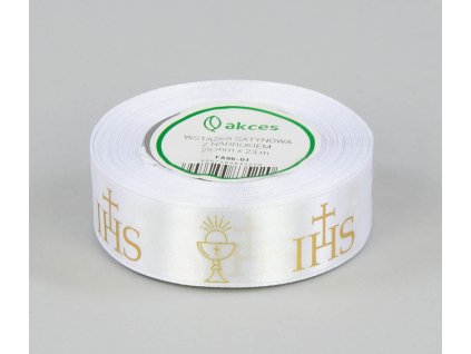 22819 bila satenova stuha se zlatym napisem ihs 25 mm x 23 m 1 role