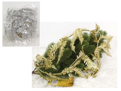 25540 dekoracni venec s listy kapradi trpytky 90 cm stribrny zlaty mix