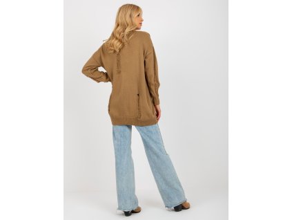 Camel loose cardigan with holes RUE PARIS (Barva camel, Velikost ONE SIZE)