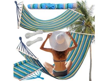 Zahradní houpací síť vyztužená pruhovaným barevným dřevem houpačka 200 x 80 (Velikost univerzální)