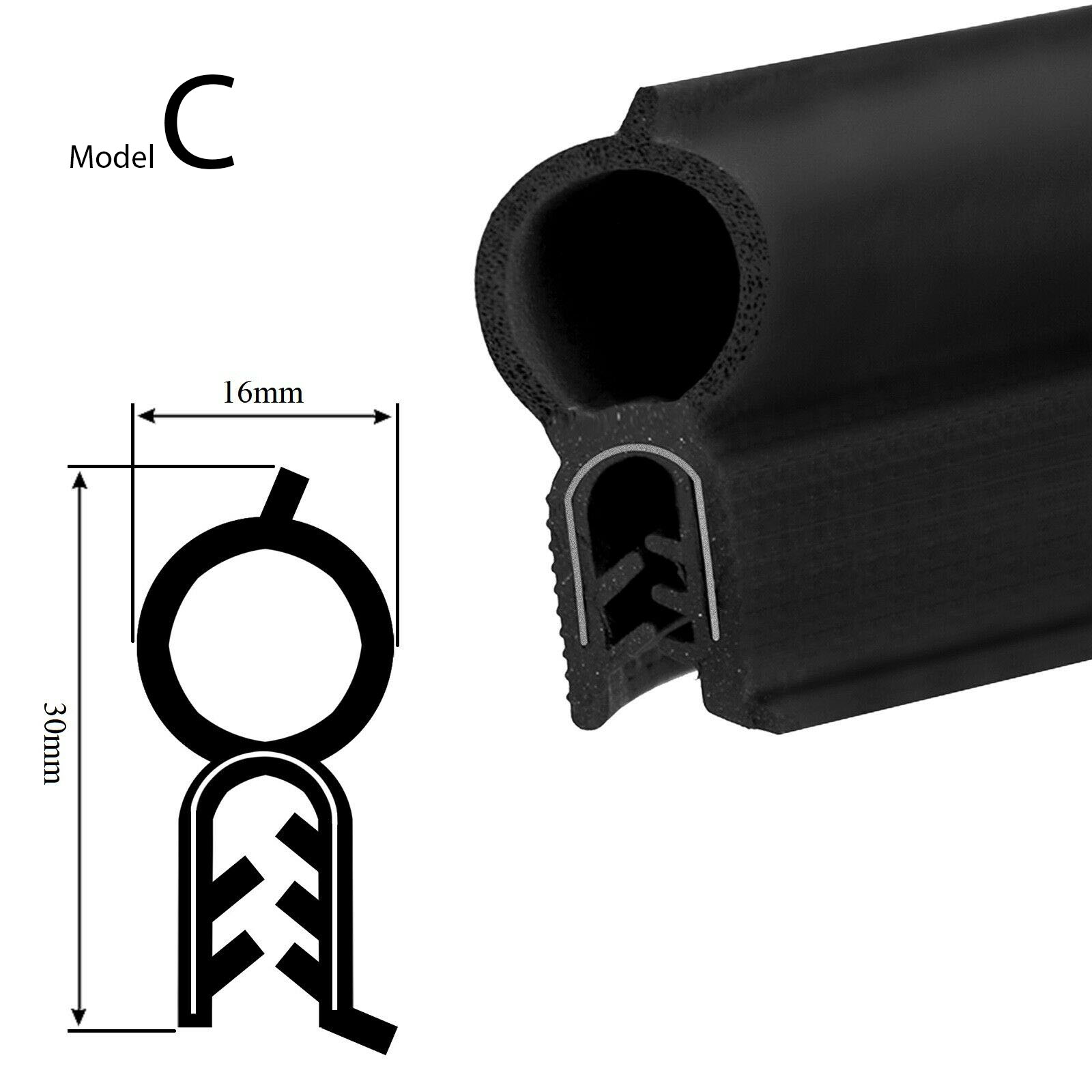 Univerzální gumové těsnění do dveří a kufru auta Model: C - 16x30 mm