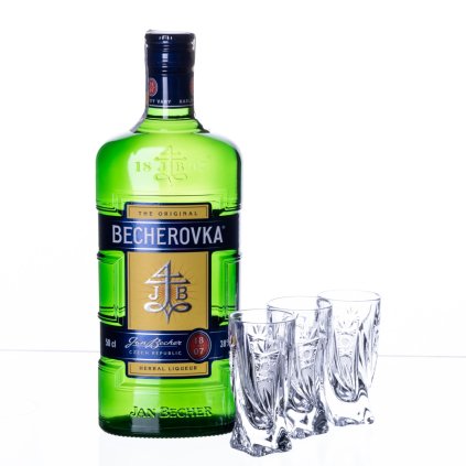 becherovka 05l a 3ks sklenicek 50ml kometa
