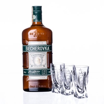 becherovka nefiltrovana 05l a 3ks sklenicek 50ml kometa