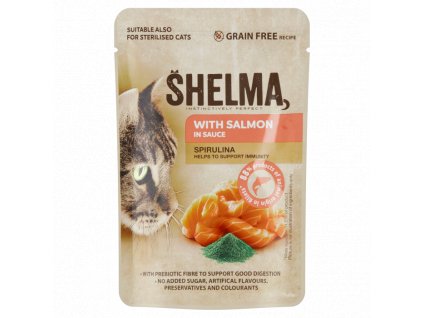 Shelma 85g kapsička kočka s lososem a spirulinou v omáčce