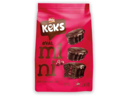 KEKS MINI 180G JEMNÉ KAKAOVÉ PEČIVO S VIŠŇOVOU NÁPLNÍ POLOMÁČENÉ V KAKAOVÉ POLEVĚ