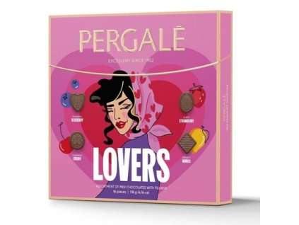 PERGALE LOVERS 118g směs pralinek z mléčné čokolády s jahodovou, borůvkovou, mangovou a třešňovou náplní