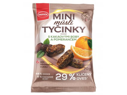 MINI MÜSLI TYČINKY S KAKAOVÝMI BOBY A POMERANČEM BEZ LEPKU 70 G
