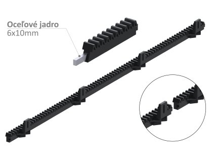 Hřeben nylon-kov L-1000 mm, 26x 19mm, 400 kg 4x úchyt se šroubky, Fe jádro 6x10mm