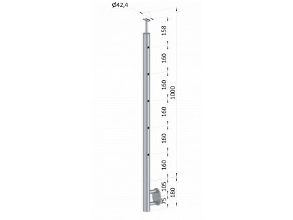 Nerezový sloup, boční kotvení, 5 děrový průchodný, vrch pevný (ø42,4x2 mm), broušená nerez K320 / AISI304