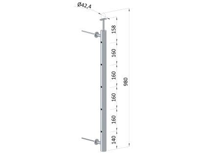 Nerezový sloup na francouzsky balkón, boční kotvení, 5 dírový, průchozí, vrch pevný, (ø 42.4x2 mm), broušená nerez K320 /AISI304