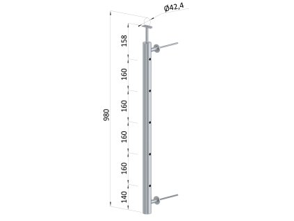 Nerezový sloup na francouzsky balkón, boční kotvení, 5 dírový, pravý, vrch pevný, (ø 42.4x2 mm), broušená nerez K320 /AISI304