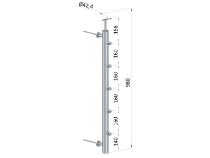 Nerezový sloup na francouzsky balkón, boční kotvení, 5 řadový průchozí, vnější, vrch pevný, (ø 42.4x2 mm), broušená nerez K320 /AISI304