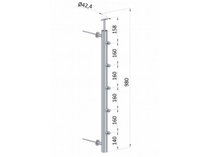 Nerezový sloup na francouzsky balkón, boční kotvení, 5 řadový levý, vnější, vrch pevný, (ø 42.4x2 mm), broušená nerez K320 /AISI304