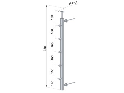 Nerezový sloup na francouzsky balkón, boční kotvení, 5 řadový pravý, vnější, vrch pevný, (ø 42.4x2 mm), broušená nerez K320 /AISI304