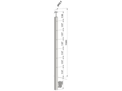 Nerezový sloup, boční kotvení, 6 děrový průchodný, vrch pevný, (40x40 mm), broušená nerez K320 / AISI304