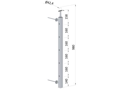 Nerezový sloup na francouzský balkón, boční kotvení, 5 dírový, levý, vrch pevný, (40x40x2.0 mm), broušená nerez K320 /AISI304