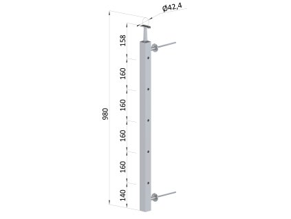 Nerezový sloup na francouzský balkón, boční kotvení, 5 dírový, pravý, vrch pevný, (40x40x2.0 mm), broušená nerez K320 /AISI304