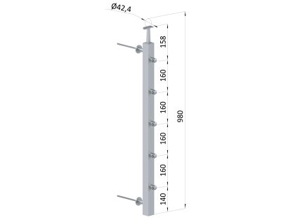 Nerezový sloup na francouzský balkón, boční kotvení, 5 řadový, průchozí, vrch pevný, (40x40x2.0 mm), broušená nerez K320 /AISI304